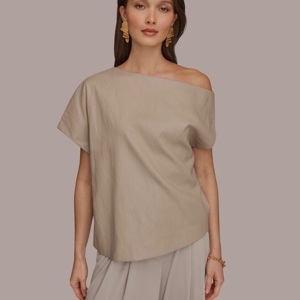 Donna Karan Taupe Off-Shoulder Sleevless Hem Top